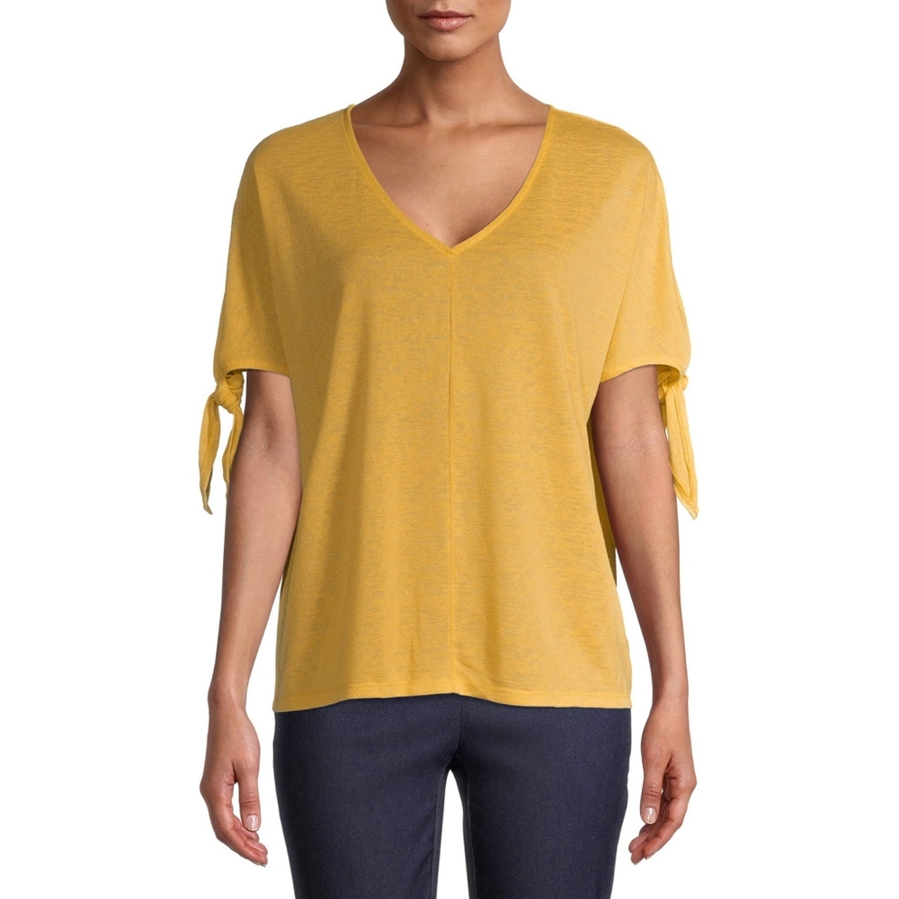 Time and Tru Women's V-Neck Tie Detail T-Shirt - Picture 1 of 6